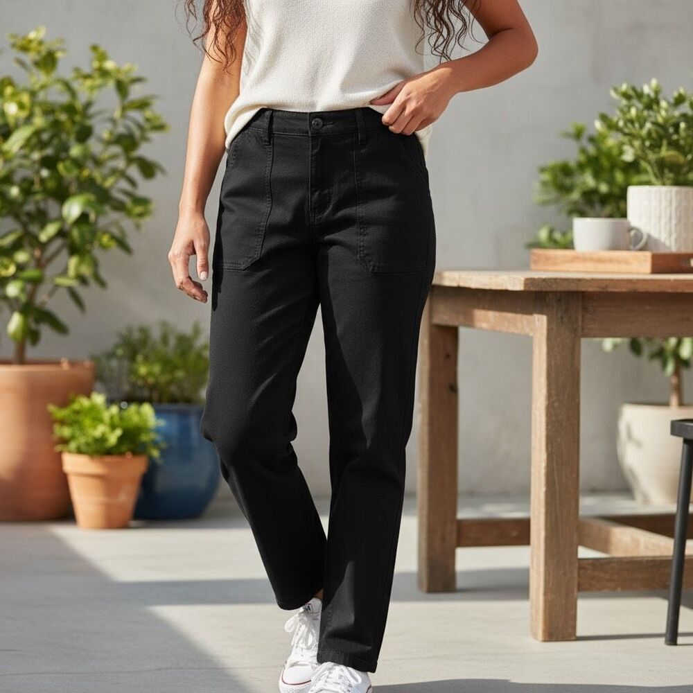 Evereve Utility Straight Leg Pants Black Size 28‎ Stretch Cotton Casual Everyday